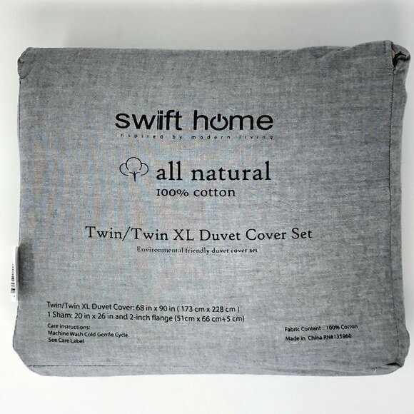 Swift Home 100% Cotton Twin/Twin XL Duvet Cover and Sham Set - Ash Gray - Picture 2 of 6